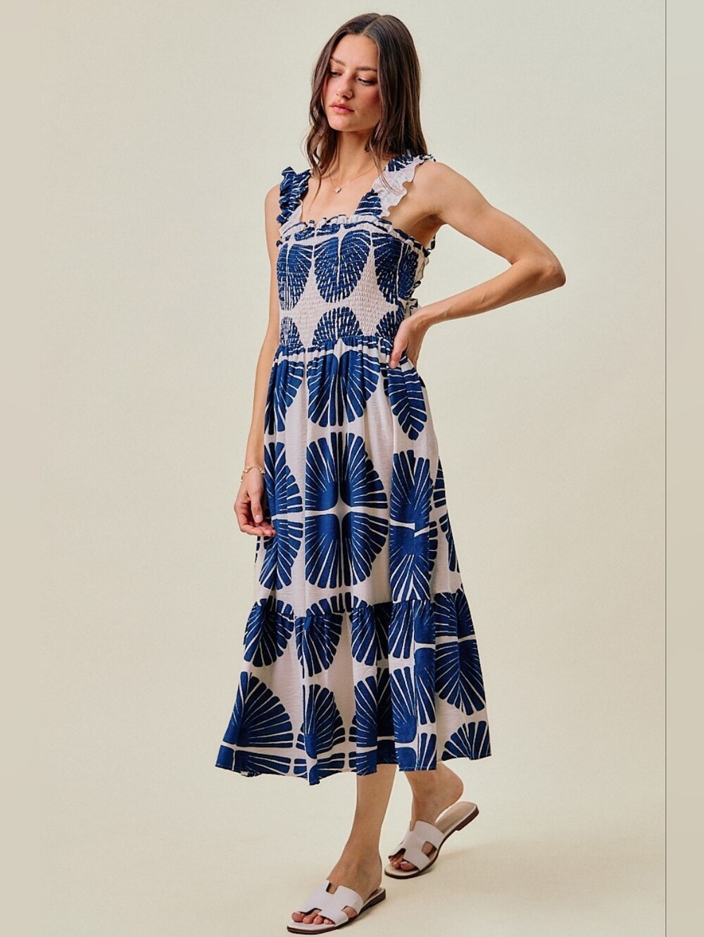 SO ME Abstract Print Smocked Bodice Tiered Lined Midi Dress - Picture 8 of 13